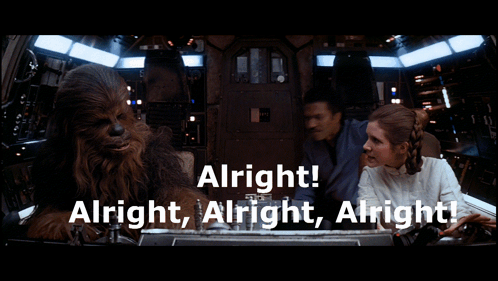 Chewbacca And Princess Leia Are Sitting In A Room With The Words Alright Alright Alright Alright GIF