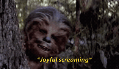 Chewbacca Is Peeking Out From Behind A Tree With The Words Joyful Screaming Above Him GIF
