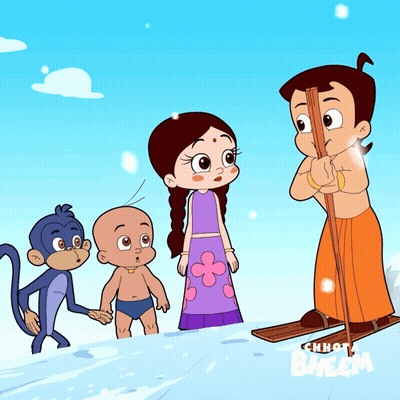 Chhota Bheem Characters On Skis In Snow GIF