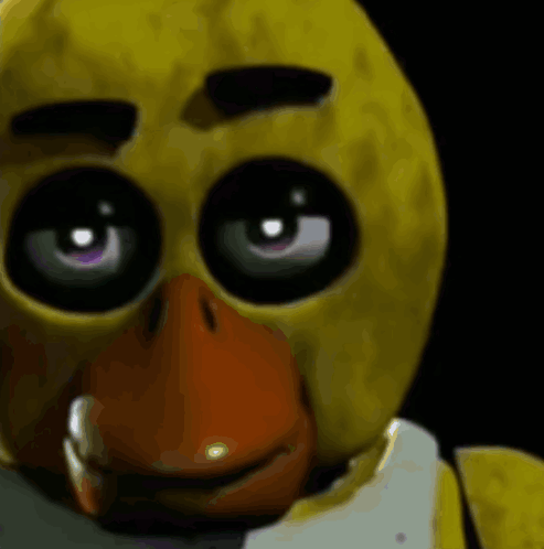 Chica The Chicken From Five Nights At Freddy 'S Is Looking At The Camera With A Serious Look On His Face . GIF