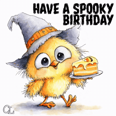 Chick In Witch Hat Holding Cake GIF