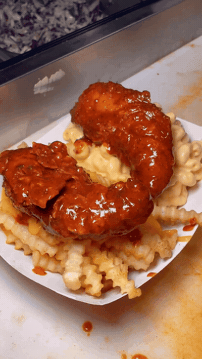 Chicken Sandwich With Macaroni Cheese And Fries GIF