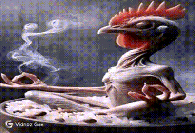 Chicken Sitting In Food Bowl With Smoke GIF