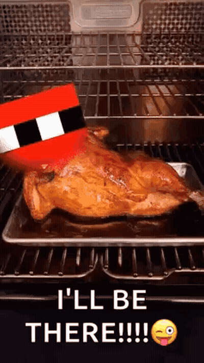 Chicken Sitting On Pan In Oven With Santa Hat GIF