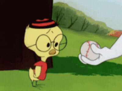 Chicken With Glasses Hat Watches Rabbit With Baseball GIF