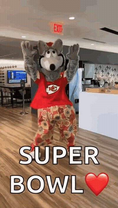 Chiefs Mascot Dancing In Room With Super Bowl Text GIF
