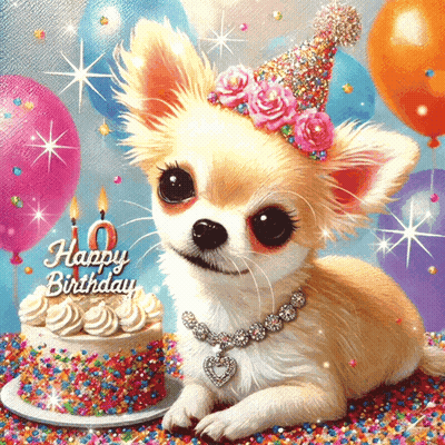 Chihuahua In Party Hat Next To Birthday Cake With Number 10 GIF