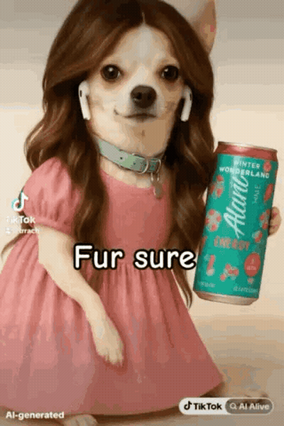Chihuahua In Pink Dress And Headphones Holding Energy Drink GIF