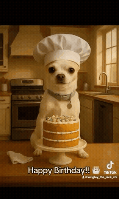 Chihuahua Wearing Chef Hat Holding Cake GIF