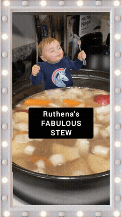 Child In Pot Of Stew Saying Ruthena's Fabulous Stew GIF