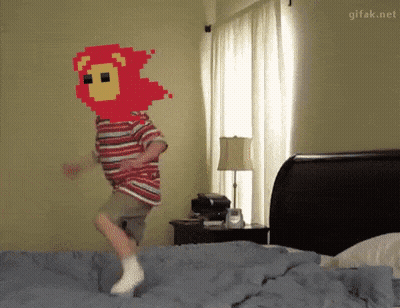 Child Jumping On Bed With Pixelated Lion Face GIF