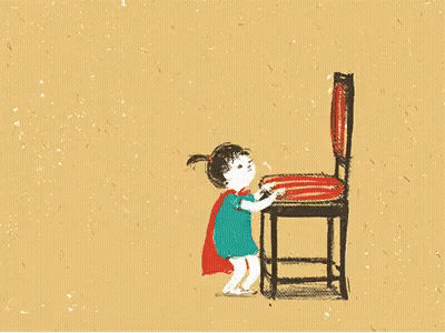 Child Wearing Cape And Chair GIF