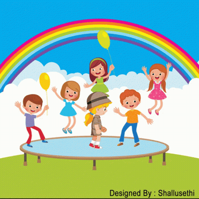 Children Are Jumping On A Trampoline Under A Rainbow GIF