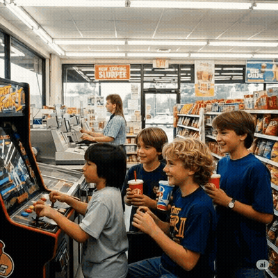 Children Playing Video Game By Now Serving Slurpee Sign GIF