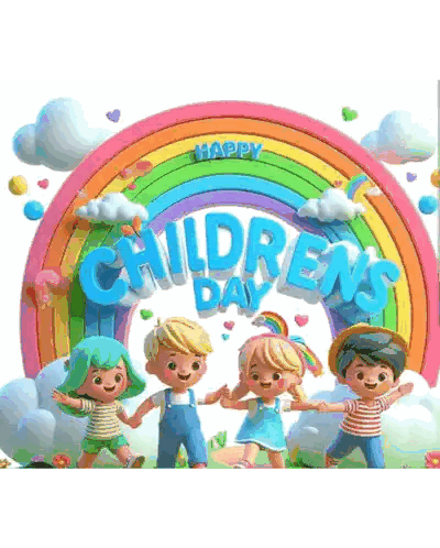 Tarjeta de saludo del Día del Niño con arcoíris y niños Sticker