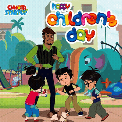 Children's Day Poster With Man And Kids Playing With Dog GIF
