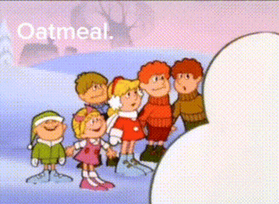 Children Standing In Front Of Snowman Saying Oatmeal GIF