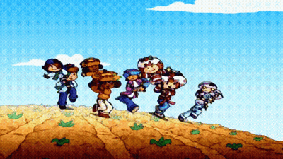 Children Walking Up Hill With Blue Sky GIF