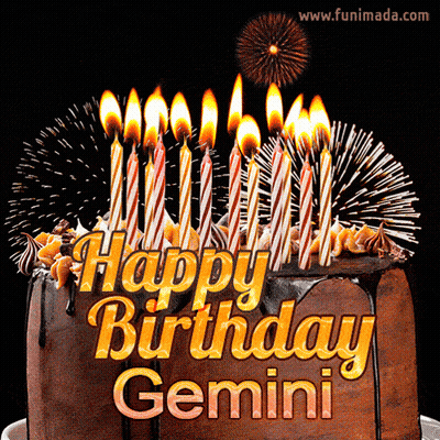 Chocolate Birthday Cake With Candles And Fireworks Says Happy Birthday Gemini GIF