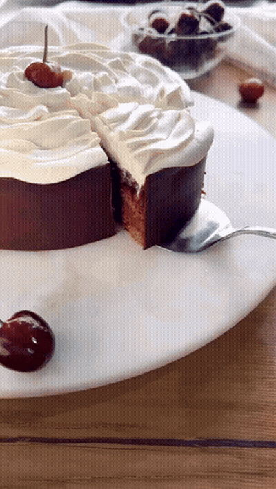 Chocolate Cake With Whipped Cream And Cherries GIF