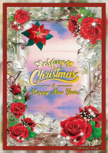 Christmas And Happy New Year Card With Red Roses GIF