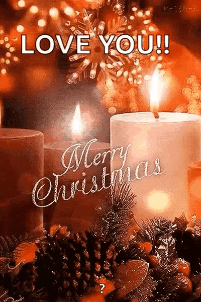 Christmas Card With Candles And Pine Cones Saying Love You GIF
