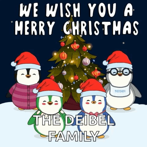 Christmas Card With Four Penguins Saying We Wish You A Merry Christmas GIF