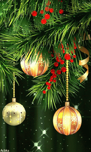 Christmas Decorations Hanging From A Christmas Tree With The Name Acbka Below Them GIF