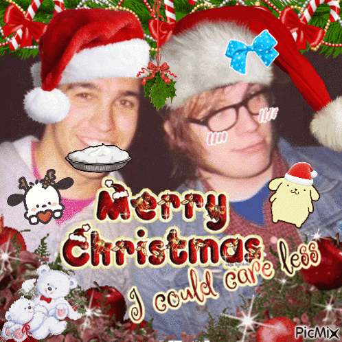 Christmas Greeting Card With Two Men In Santa Hats GIF