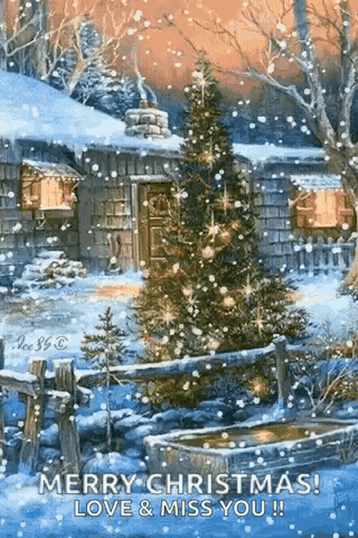 Christmas Tree In Snow In Front Of Cabin GIF