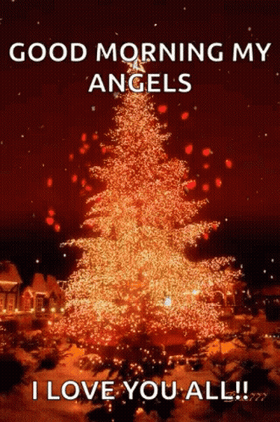 Christmas Tree Lit At Night Saying Good Morning My Angels I Love You All GIF