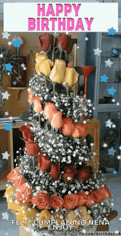 Christmas Tree Made Of Roses And Baby's Breath Says Happy Birthday GIF