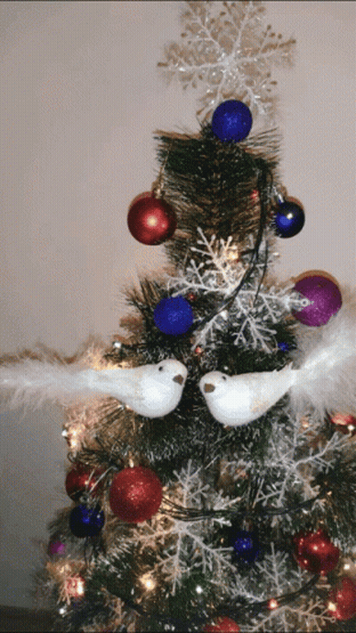 Christmas Tree With Red Purple Blue Ornaments and Two White Birds