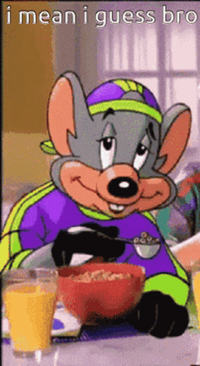 Chuck E Cheese Sitting At Table With Cereal And Orange Juice GIF