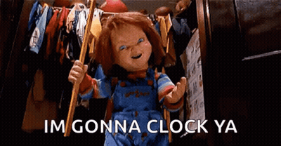 Chucky Doll Holding Stick Saying Im Gonna Clock Ya GIF