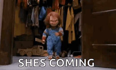 Chucky Doll Pointing At Camera GIF