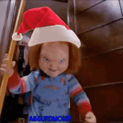 Chucky Doll With Santa Hat Holding Pole GIF