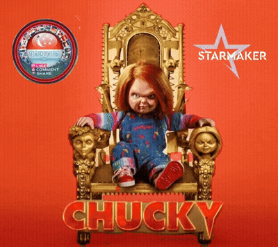 Chucky Poster Doll On Gold Throne GIF