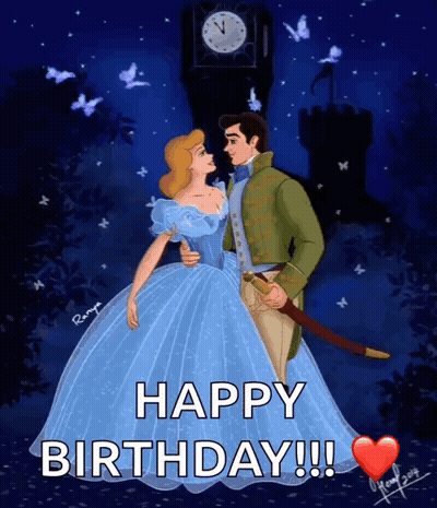 Cinderella And Prince Charming Are Kissing In Front Of A Clock Tower And The Words Happy Birthday GIF