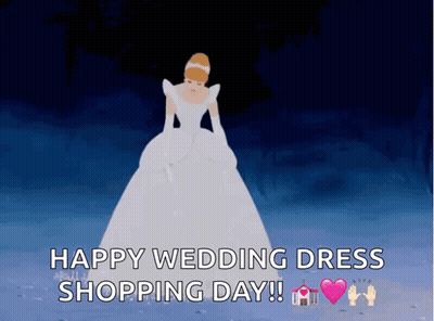 Cinderella In A Wedding Dress With The Words Happy Wedding Dress Shopping Day On The Bottom GIF