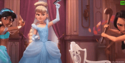 Cinderella Is Holding A Gun While Jasmine Is Holding A Hammer And Cinderella Is Holding A Chair GIF