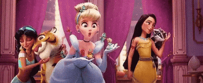 Cinderella , Jasmine , And Pocahontas From Disney Princess Are Standing Next To Each Other In A Room . GIF