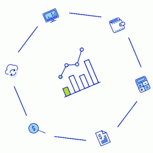 Circle Of Icons Surrounding Graph With Dollar Sign GIF