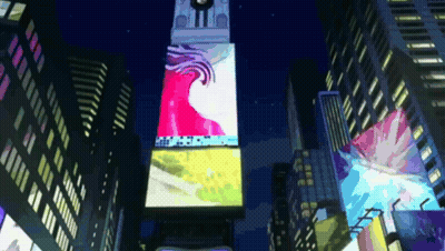City At Night With Clock Tower And Times Square Billboard GIF