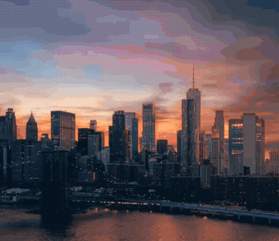 City Skyline With Bridge And Sunset GIF