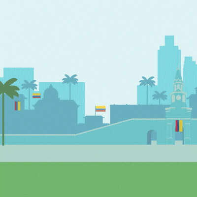 City With Clock Tower And Flags GIF