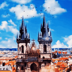 Cityscape Castle Shining Birds Above GIF