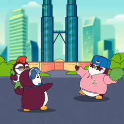 Cityscape Pudgy Penguins Playing GIF