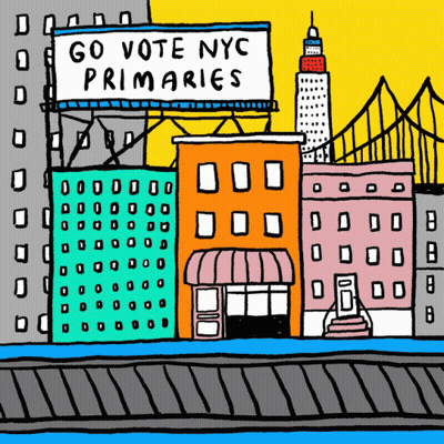 Cityscape With Vote NYC Primaries Sign GIF