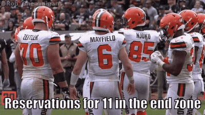 Cleveland Browns Players With Caption Reservations For 11 In End Zone GIF